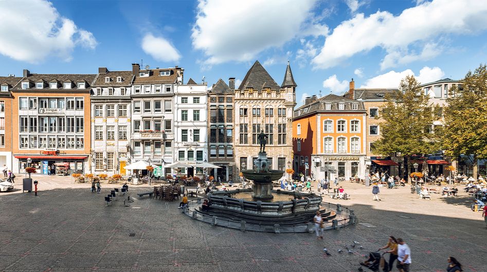 Aachen market square with a fountain in the centre