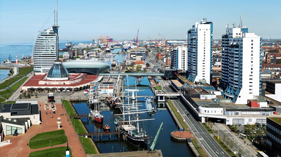 Blick auf das Gebiet des Alten Hafens in Bremerhaven von oben