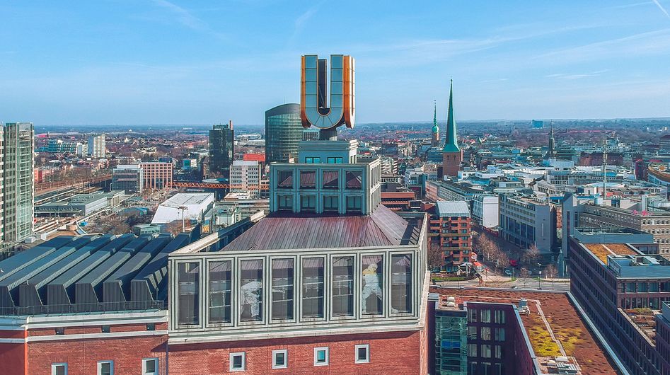 View of the rooftops of Dortmund, with the building Dortmund U in the foreground