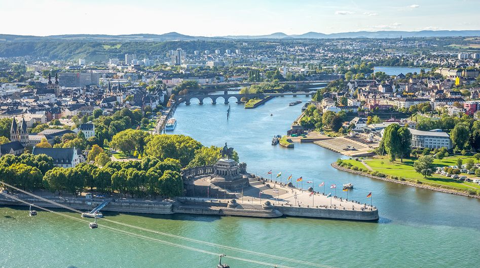 The Deutsches Eck at the confluence of the Rhine and Moselle rivers in Koblenz