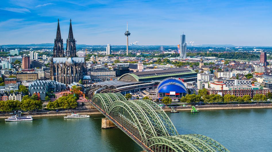 The Hohenzollern Bridge and Cologne Cathedral from above, looking west