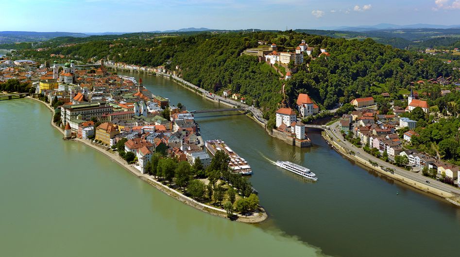 View from above of the centre of Passau, where three rivers meet